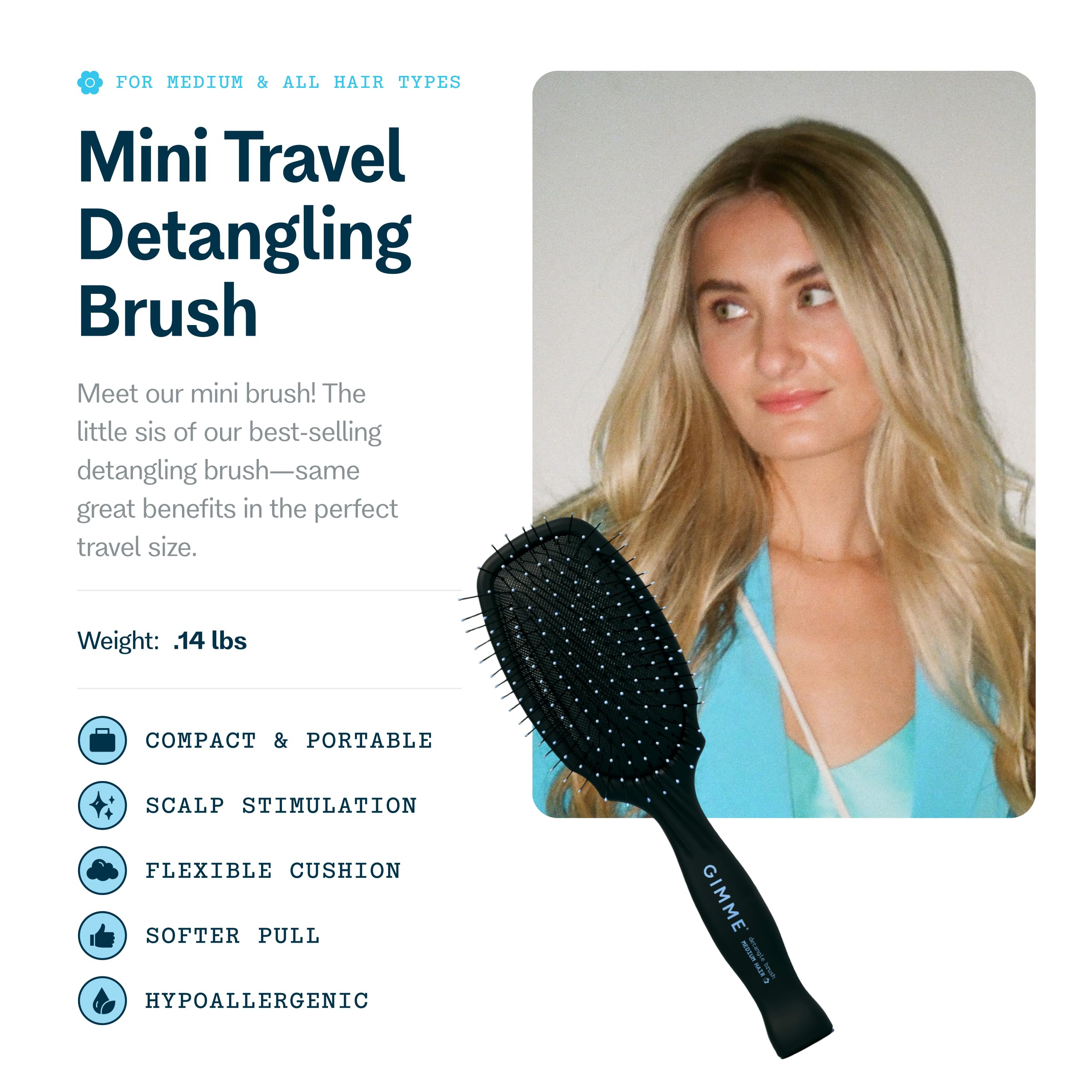 GIMME Beauty medium hair brush paddle design showcases smooth, ergonomic styling.