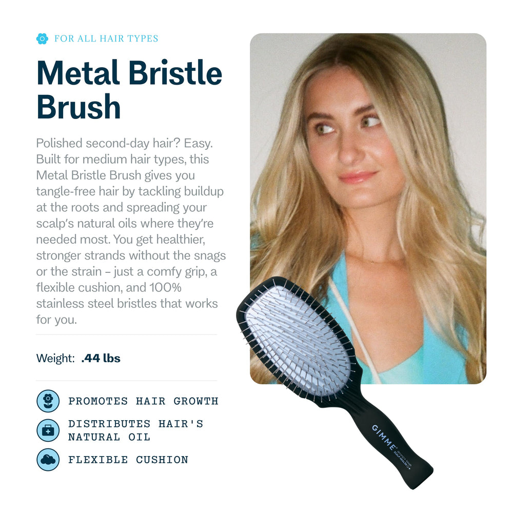 GIMME metal bristle brush detangling hair with stainless steel bristles during styling