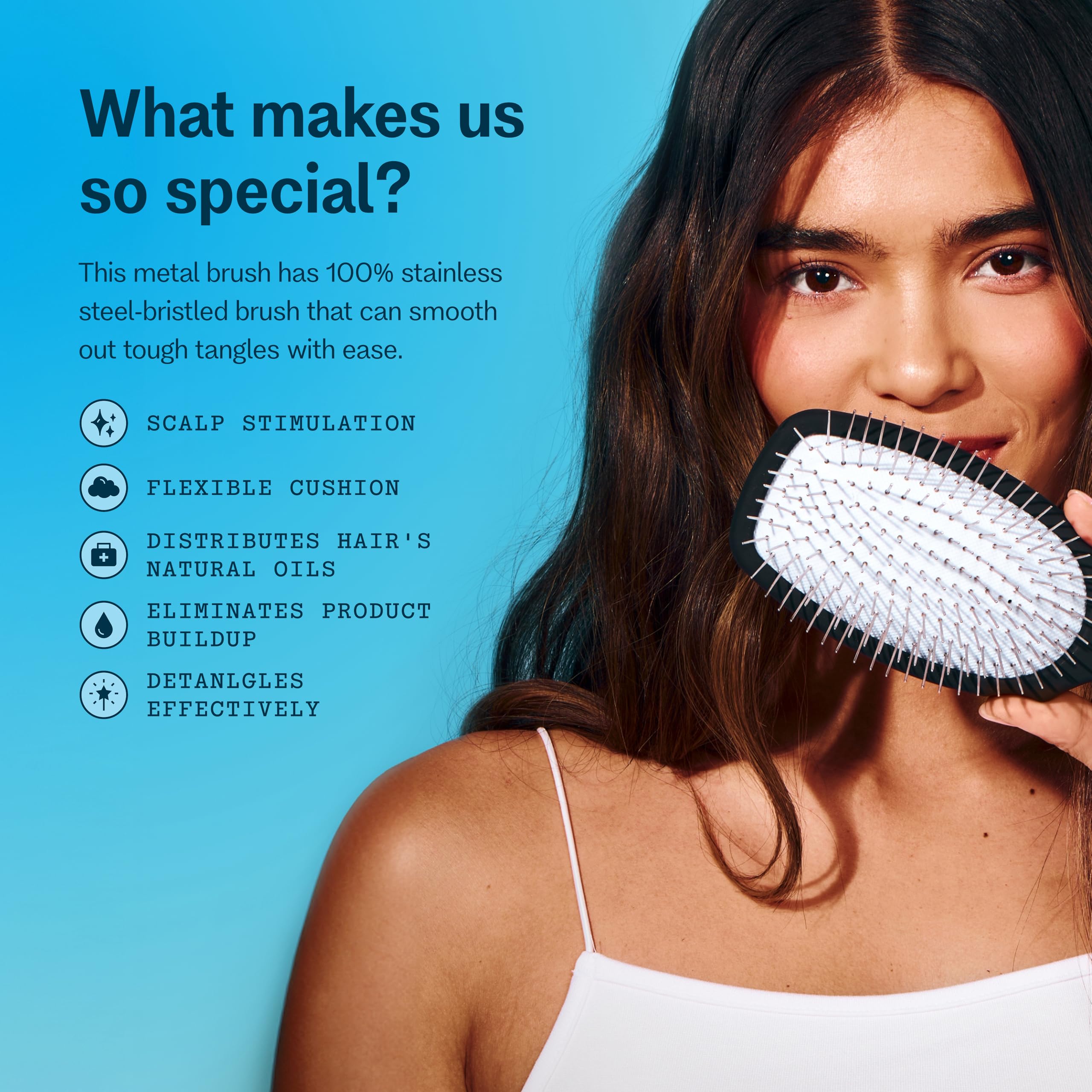 GIMME metal bristle brush ergonomic comfy handle in hand for easy daily grooming