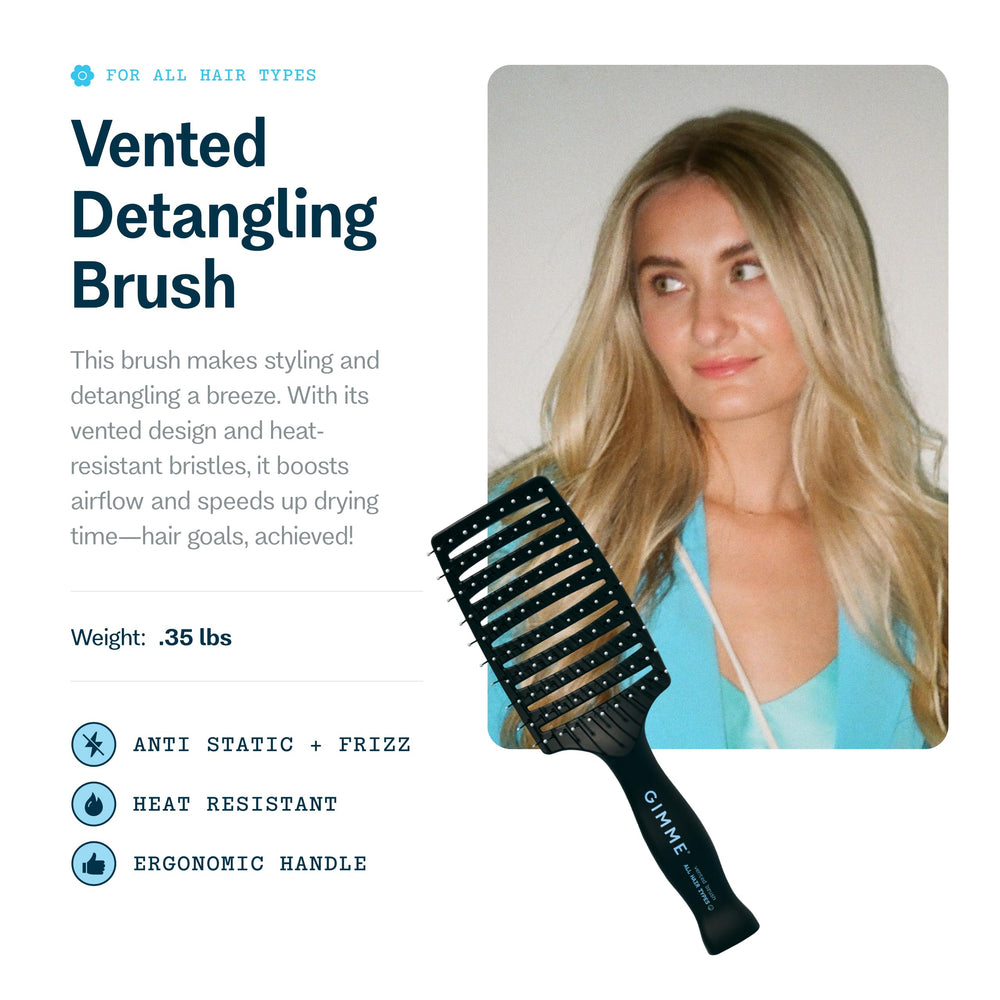 GIMME vented detangling brush side profile, heat resistant bristles for quick styling