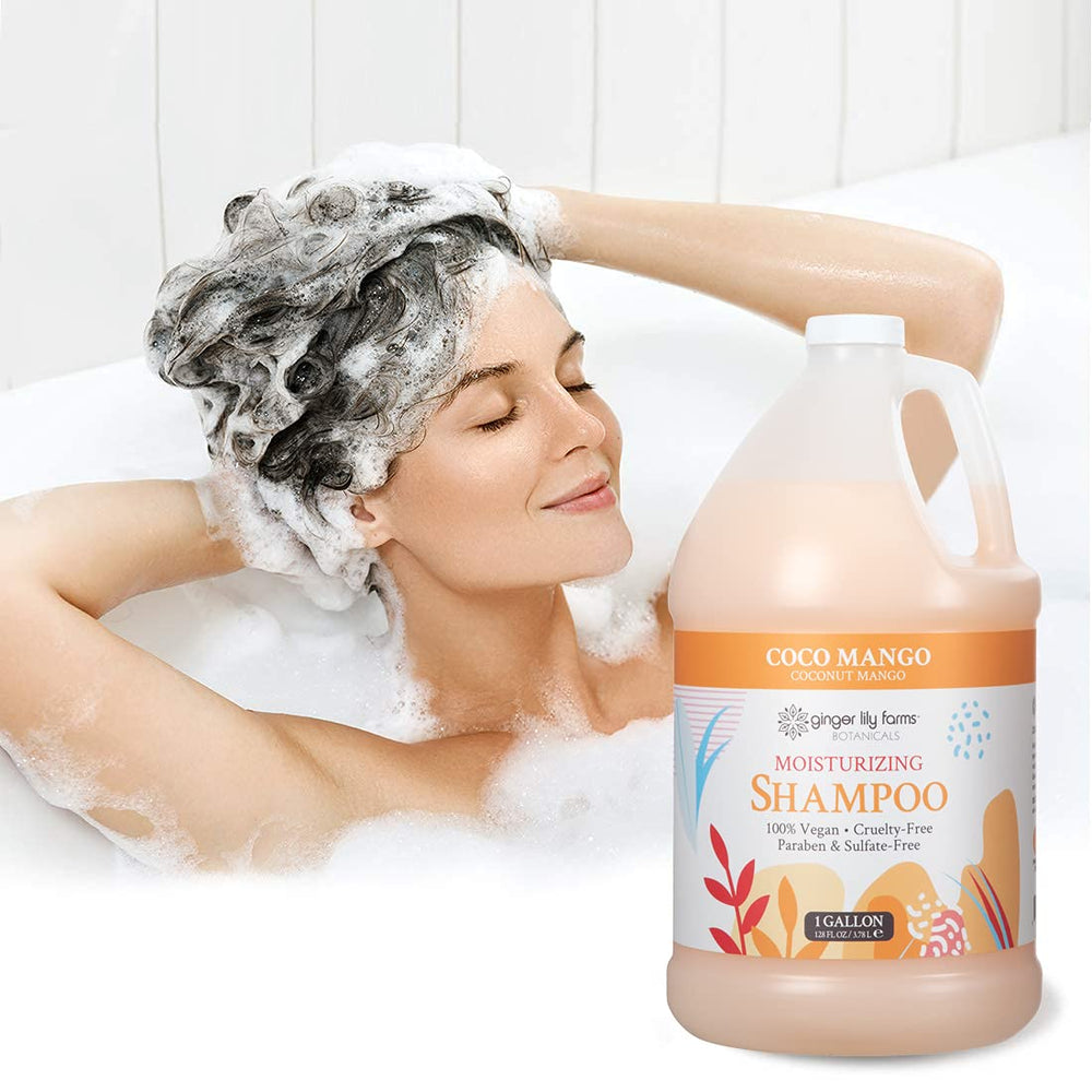 Ginger Lily Farms Coco Mango shampoo packaging emphasizes recyclable, refill-friendly design.