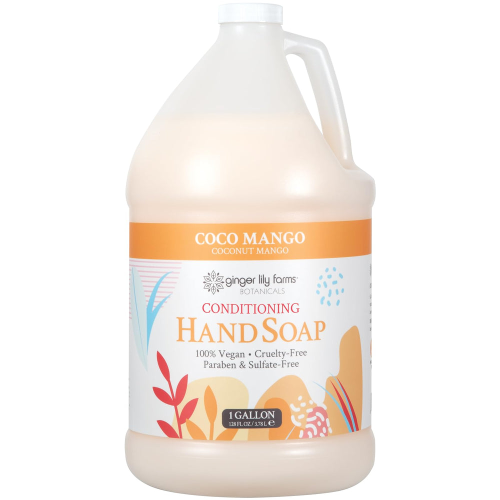 Ginger Lily Farms Botanicals Coco Mango refill packaging highlights eco-friendly gallon size for facilities.