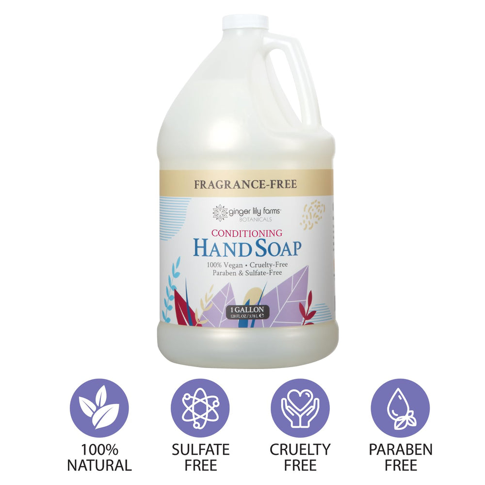 Ginger Lily Farms Botanicals hand soap refill bottle pour shows unscented cleansing in action.