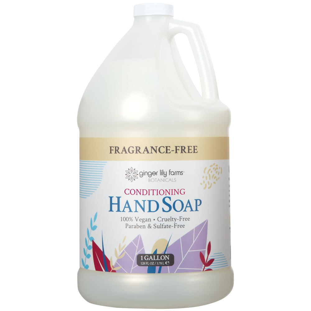 Ginger Lily Farms Botanicals hand soap refill front label highlights fragrance-free formula for sensitive skin.