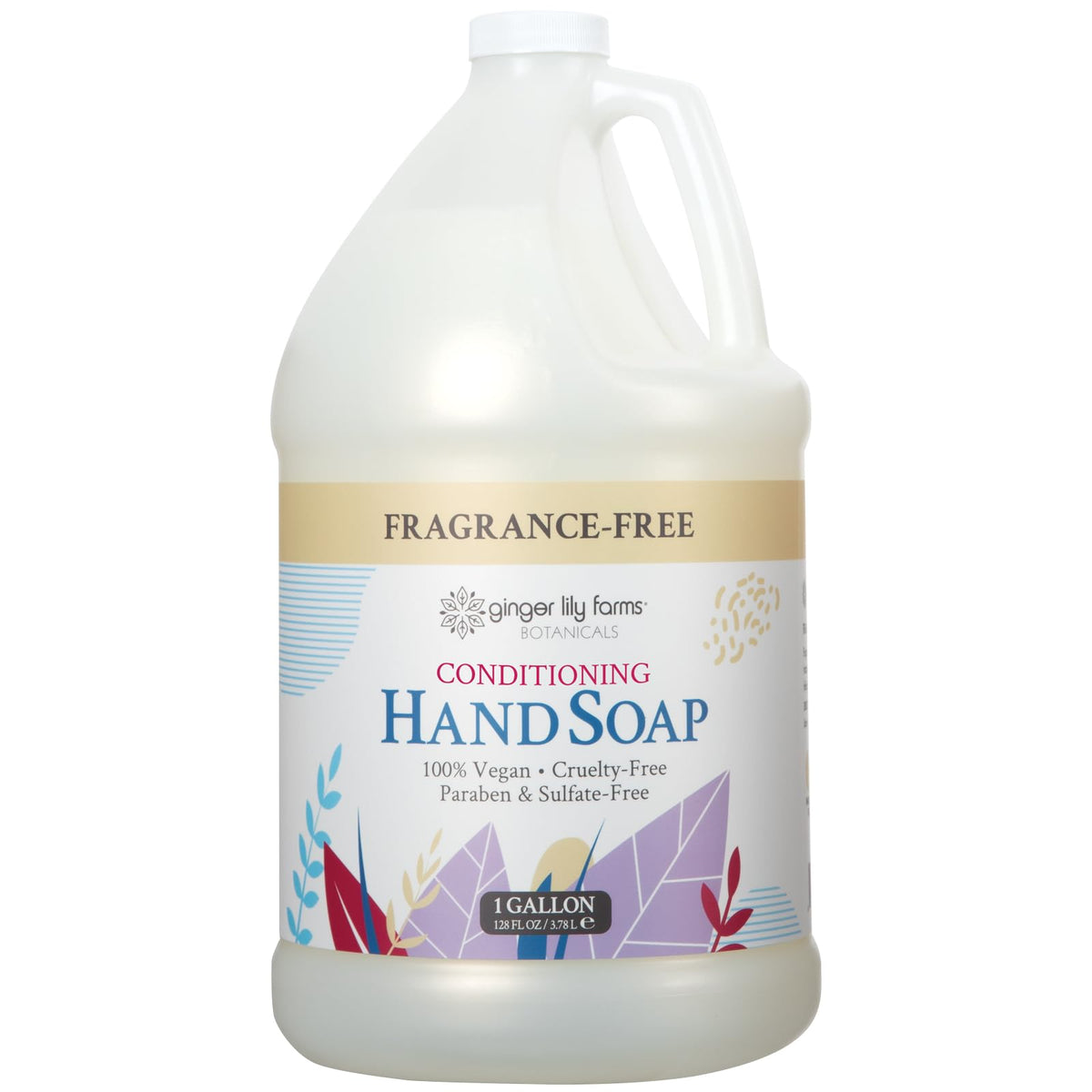 Ginger Lily Farms Botanicals hand soap refill front label highlights fragrance-free formula for sensitive skin.