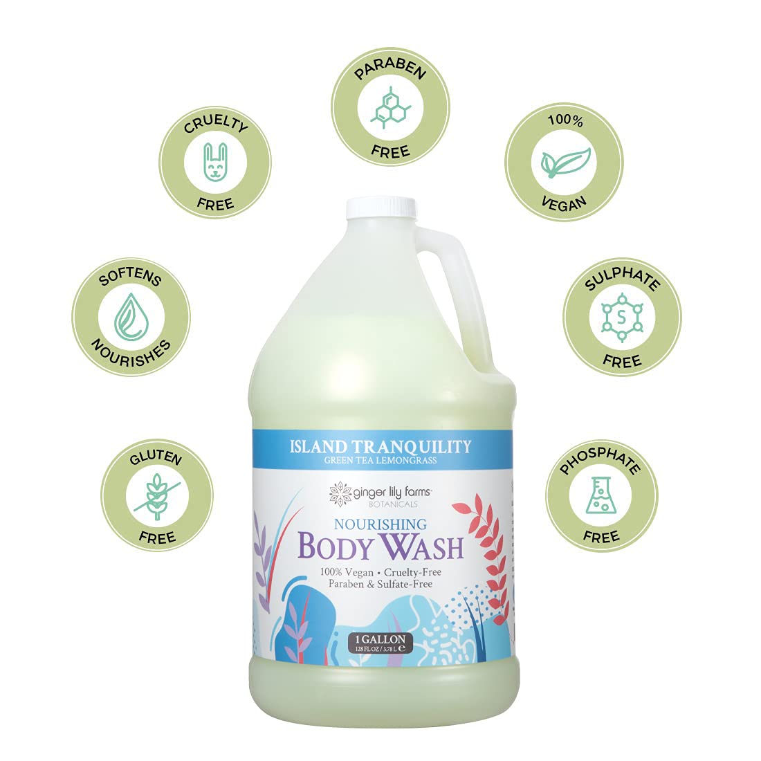 Ginger Lily Farms Botanicals Island Tranquility label close-up evokes spa-quality, calming aroma