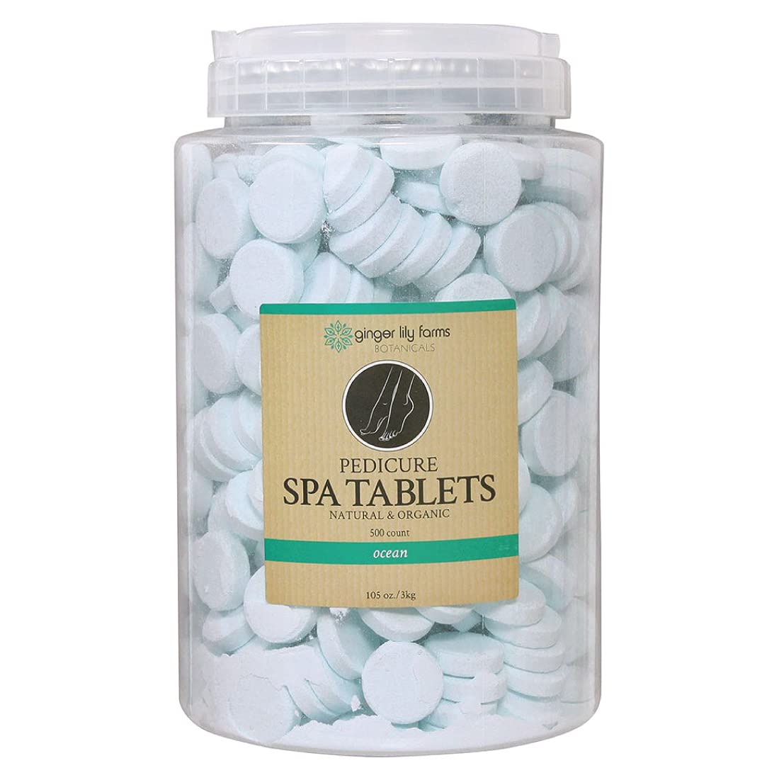 Ginger Lily Farms Botanicals pedicure tablets packaging highlights ocean scent and value.