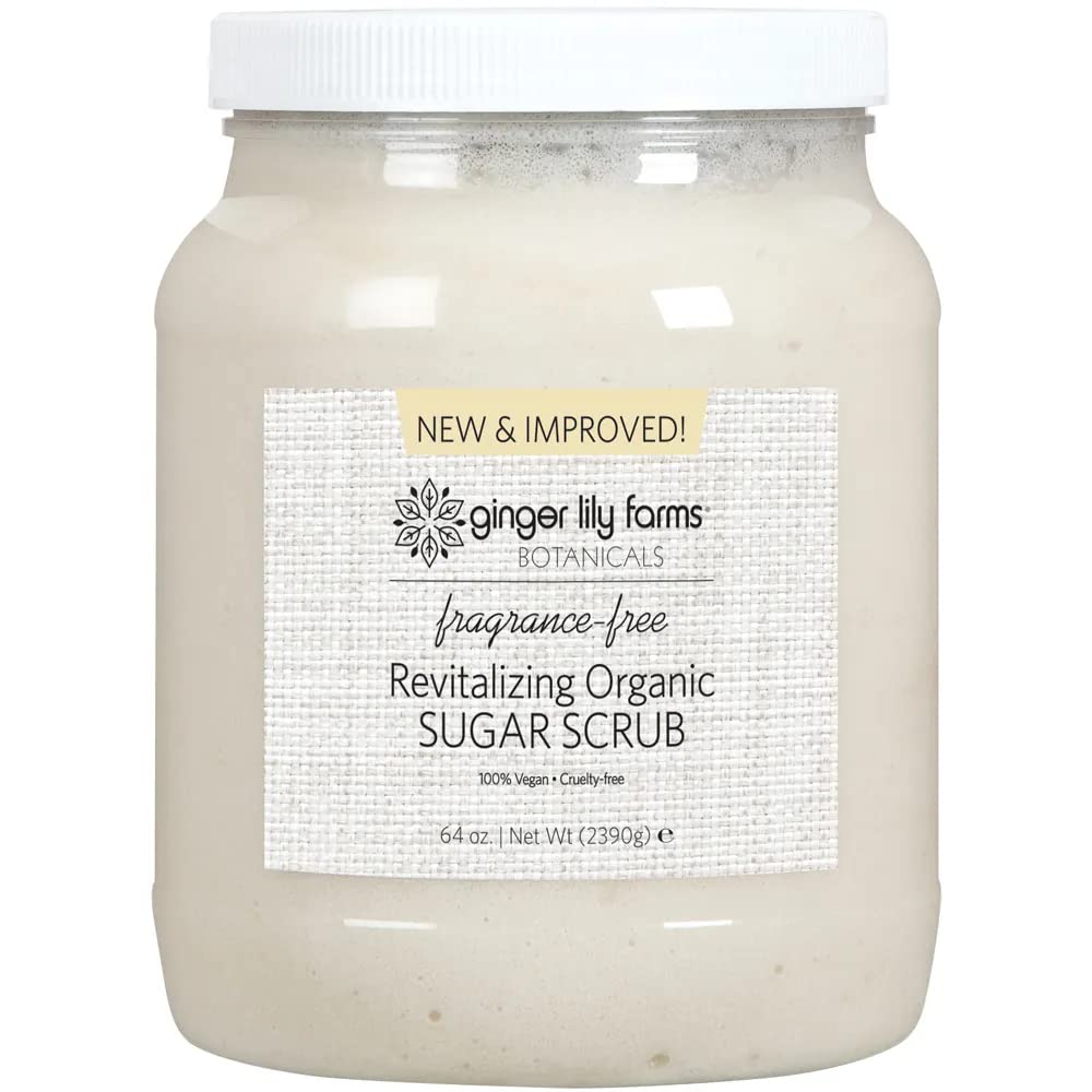 Ginger Lily Farms Botanicals Revitalizing Sugar Scrub jar reveals rich exfoliation for smoother skin