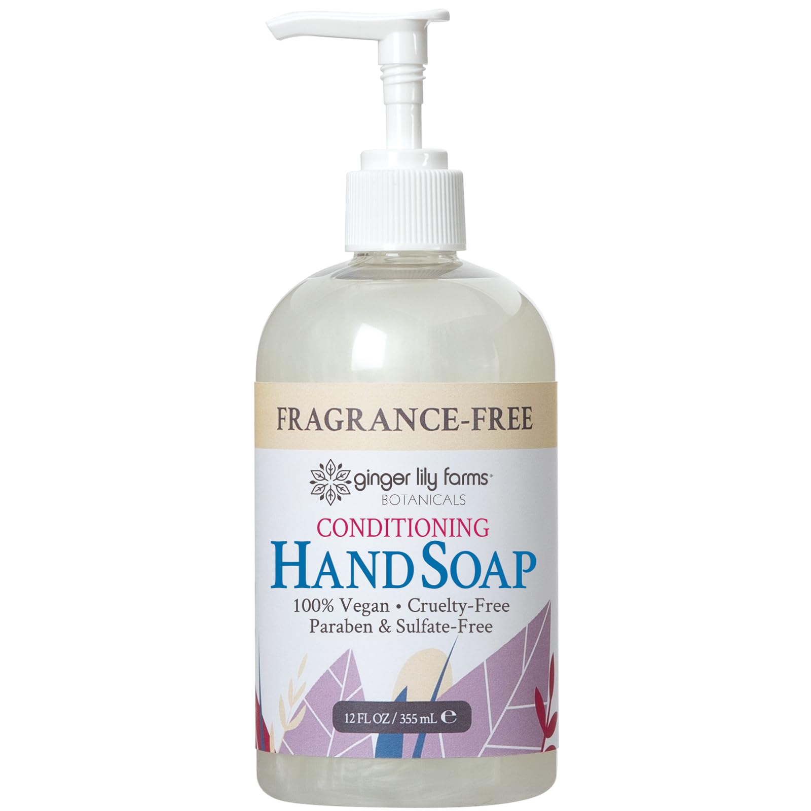 Ginger Lily Farms Botanicals unscented bottle closeup highlights fragrance-free formula for dry skin.
