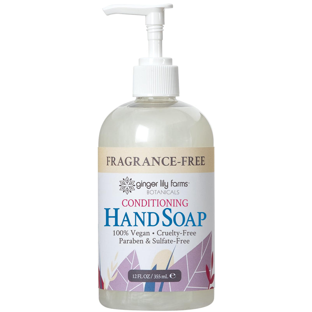 Ginger Lily Farms Botanicals unscented bottle closeup highlights fragrance-free formula for dry skin.