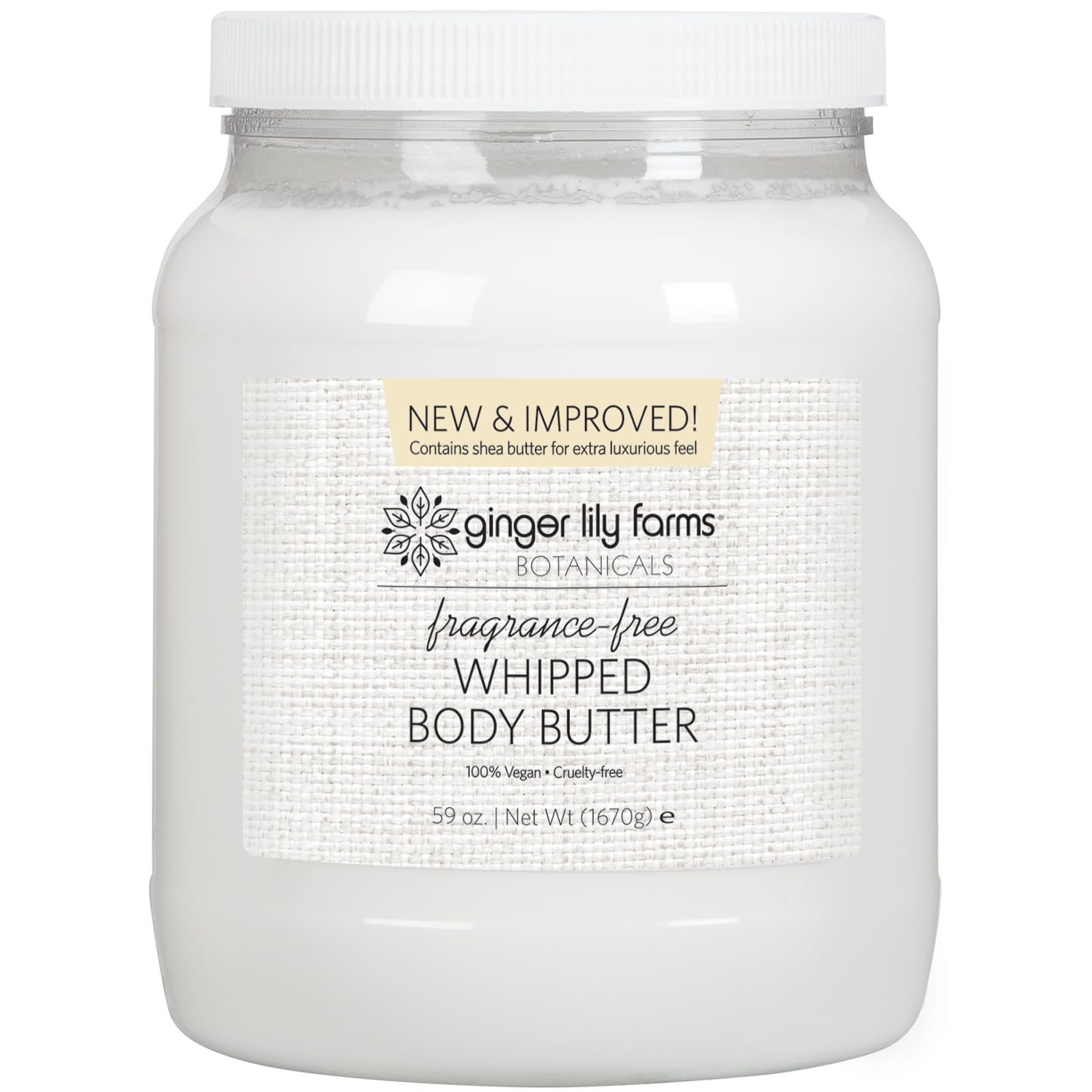 Ginger Lily Farms Botanicals whipped body butter packaging highlighting fragrance-free vegan care