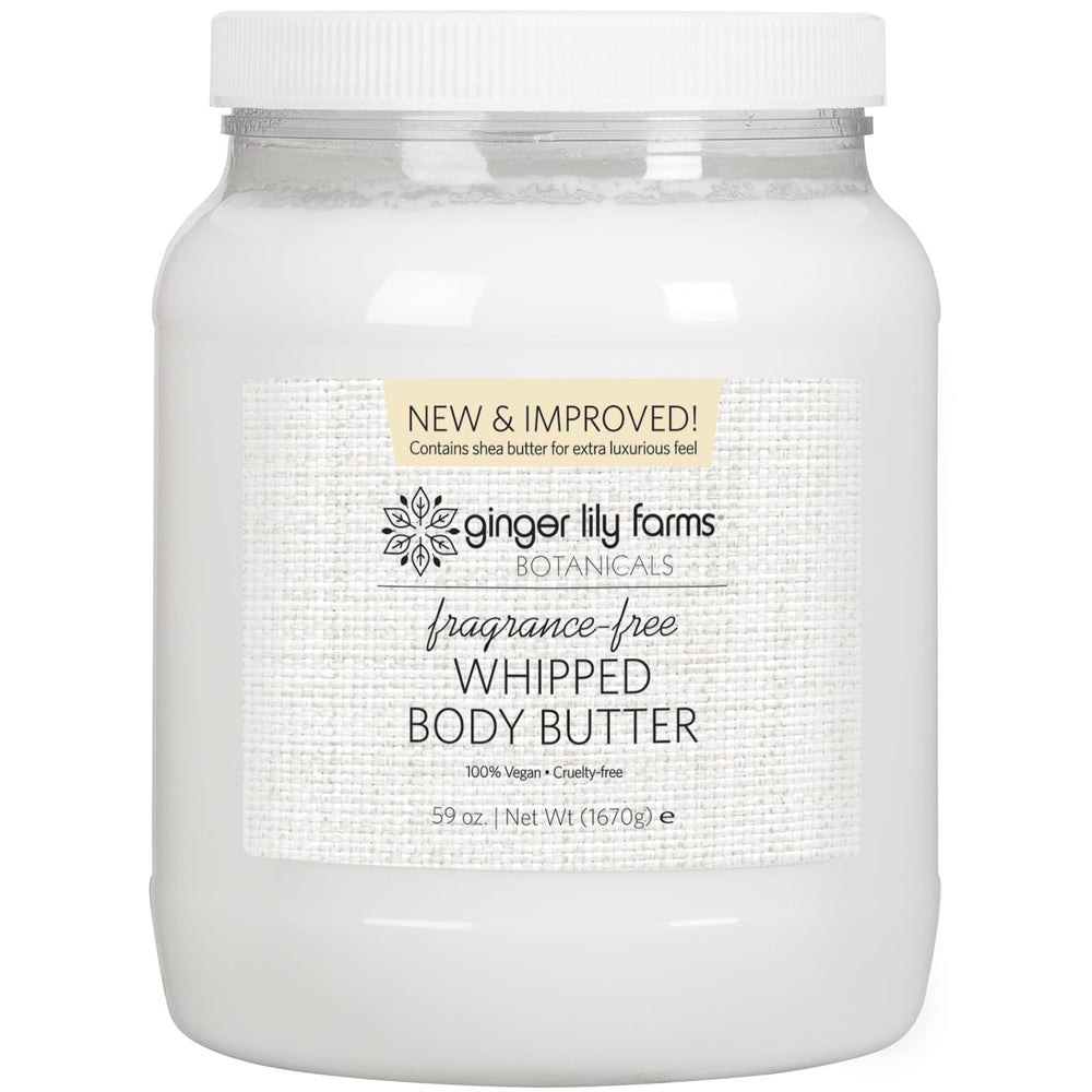 Ginger Lily Farms Botanicals whipped body butter packaging highlighting fragrance-free vegan care