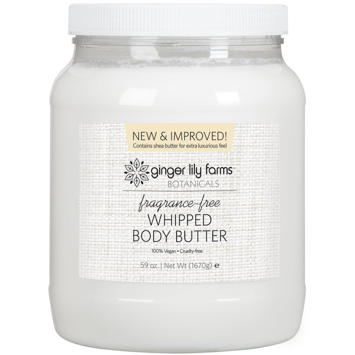 Ginger Lily Farms Botanicals whipped body butter packaging highlighting fragrance-free vegan care