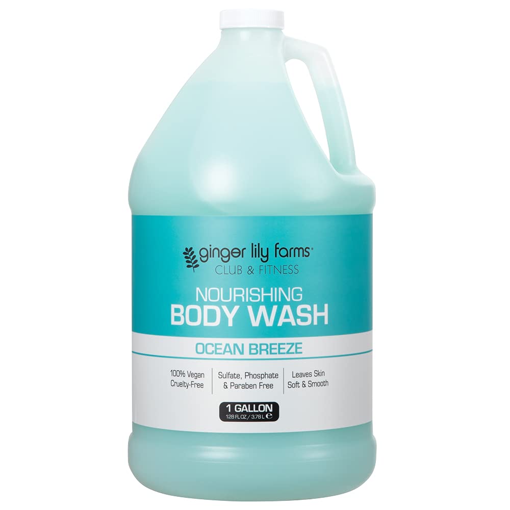 Ginger Lily Farms Club and Fitness body wash bottle front shows ocean breeze scent for a post-workout routine.