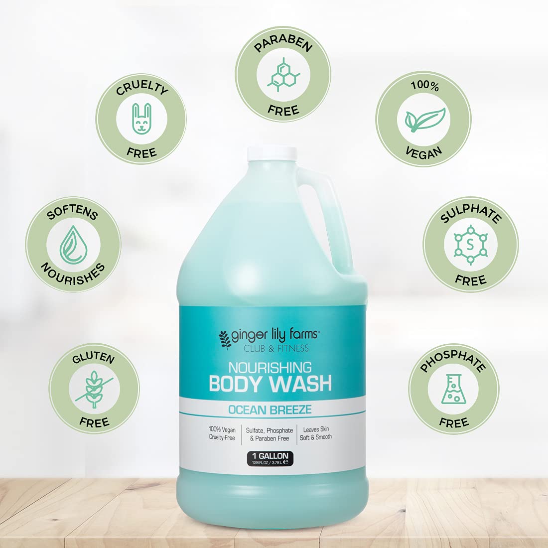 Ginger Lily Farms Club and Fitness body wash bottle pour demonstrates easy lather for quick washes.