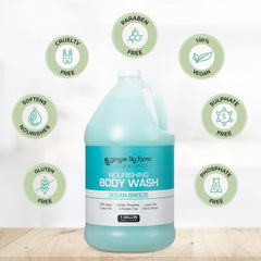 Ginger Lily Farms Club and Fitness body wash bottle pour demonstrates easy lather for quick washes.