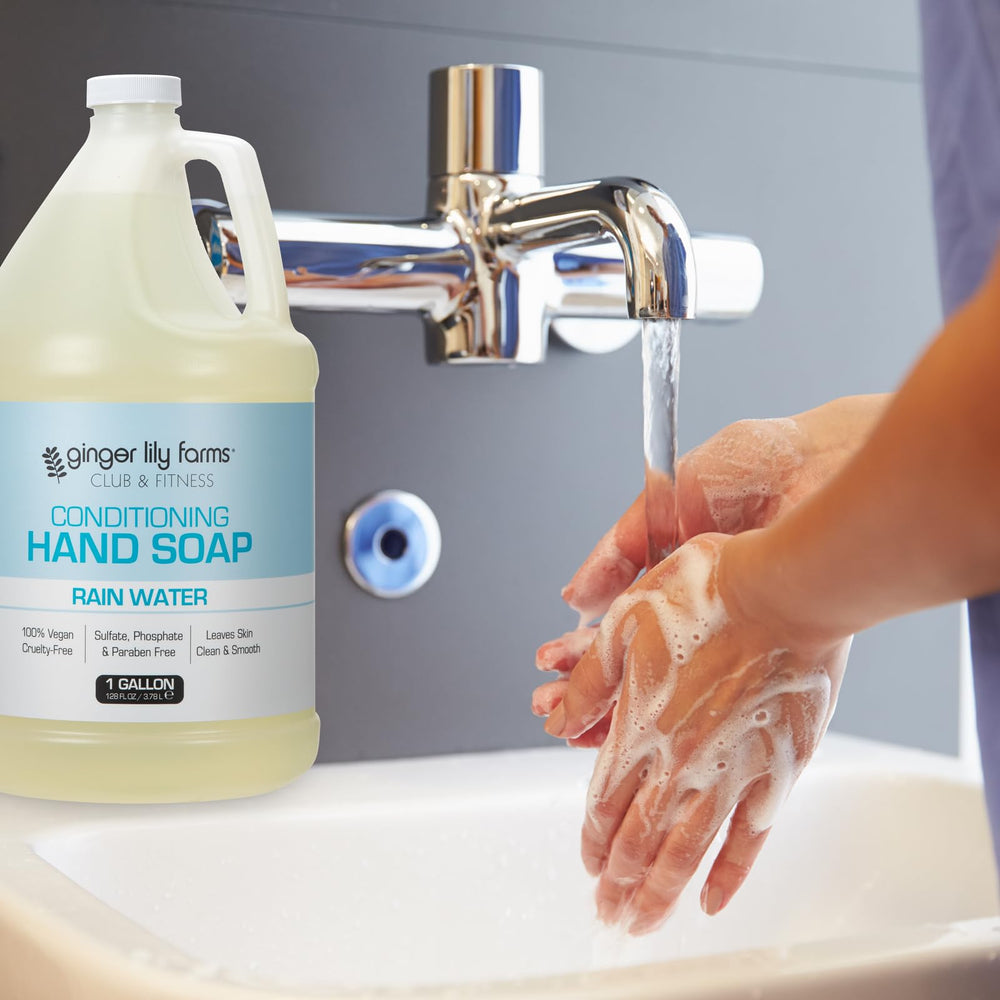 Ginger Lily Farms conditioning hand soap pour captures silky lather motion.