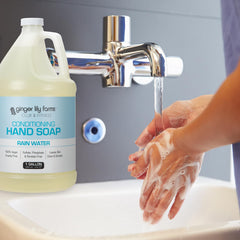 Ginger Lily Farms conditioning hand soap pour captures silky lather motion.
