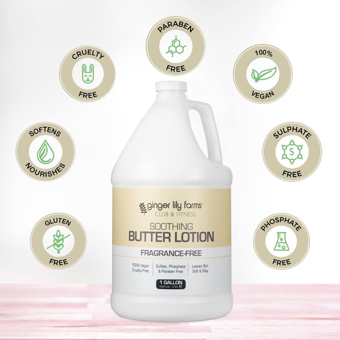 Ginger Lily Farms club fitness 1-gallon refill packaging illustrating eco-friendly bulk skincare solution