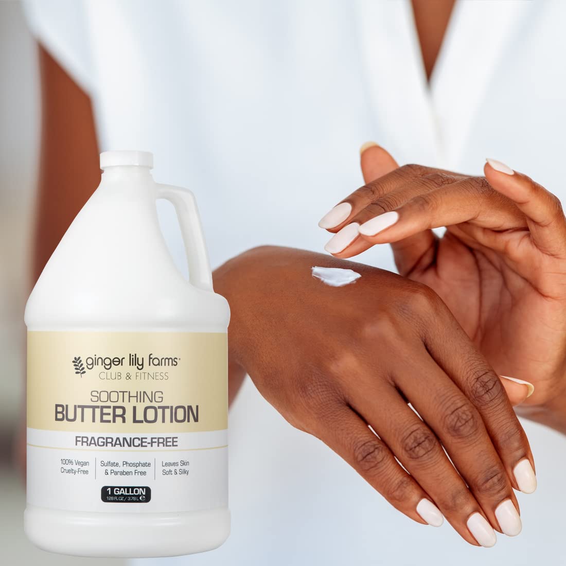 Ginger Lily Farms lotion application on hands demonstrates quick-absorbing moisture without greasiness