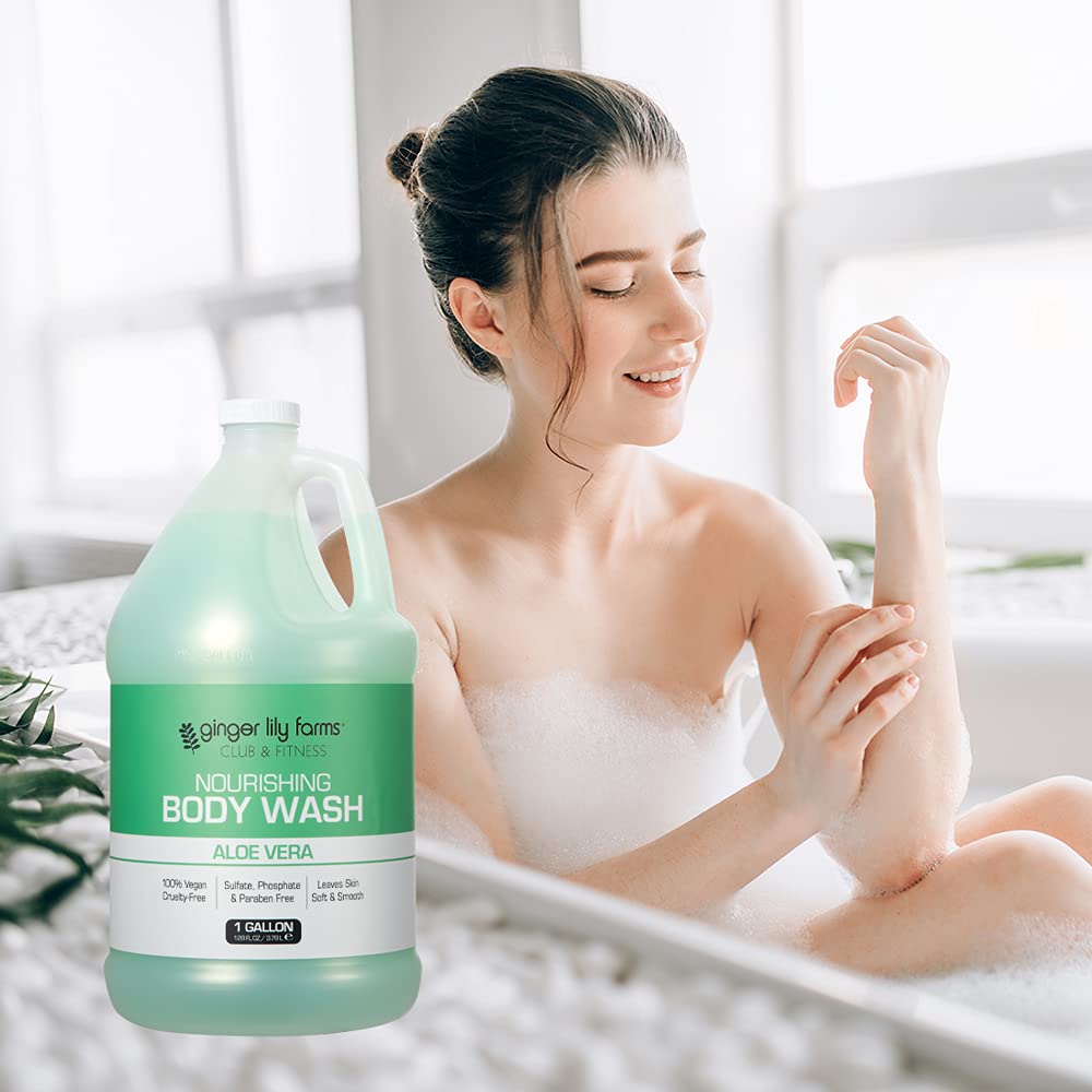 Gym locker room scene shows Ginger Lily Farms body wash ideal for post-workout cleansing