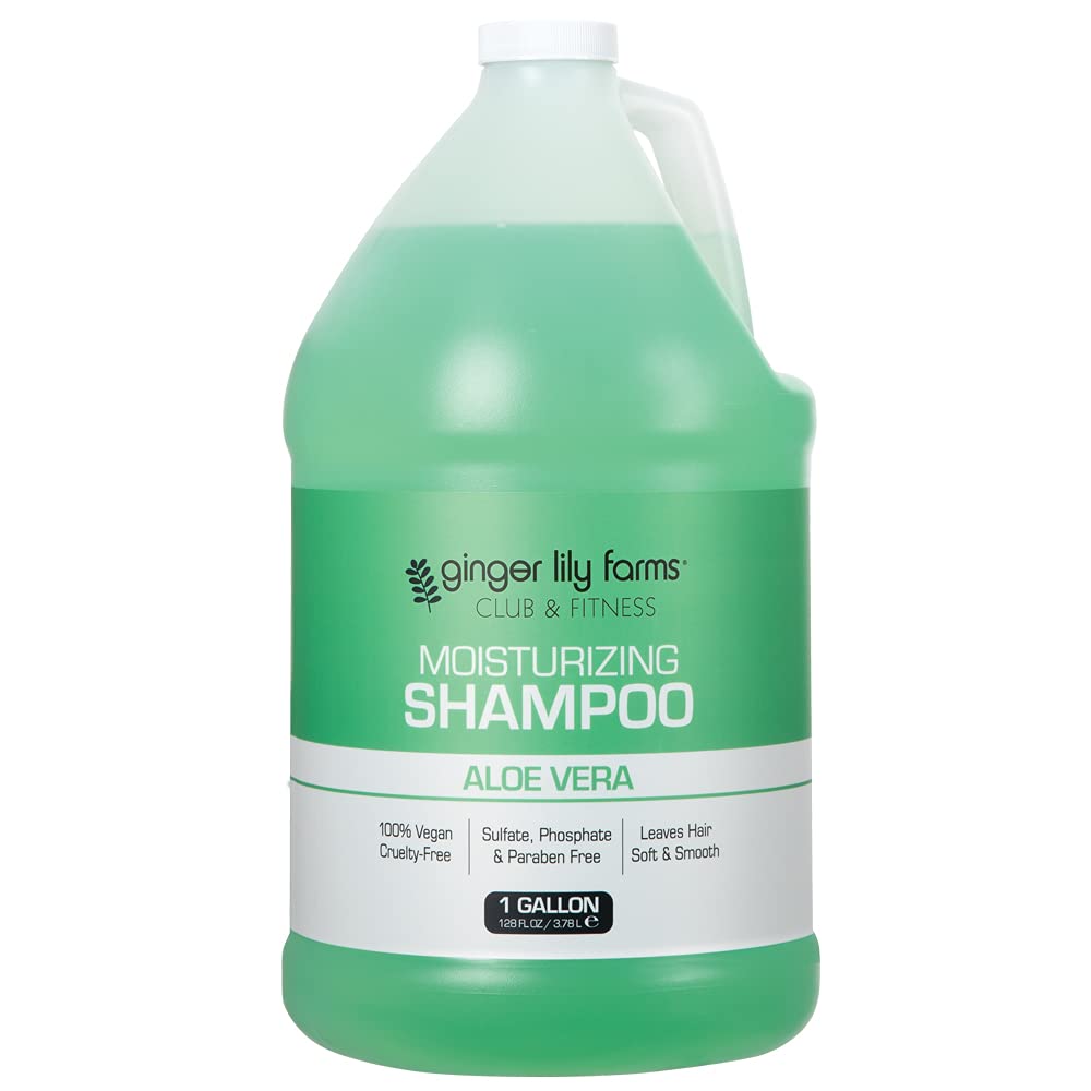 Ginger Lily Farms Club & Fitness shampoo bottle highlighting weightless hydration for all hair types.