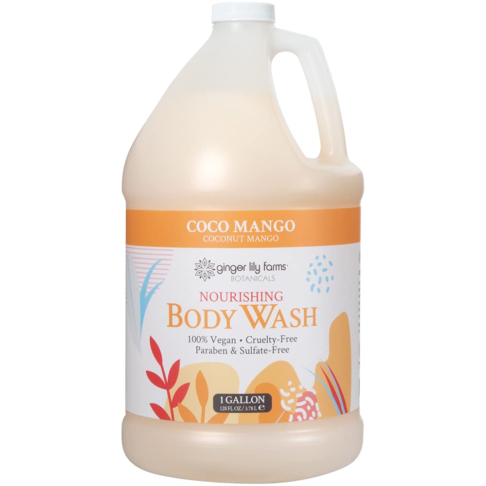 Ginger Lily Farms Botanicals Coco Mango bottle with creamy lather promise for daily hydration.