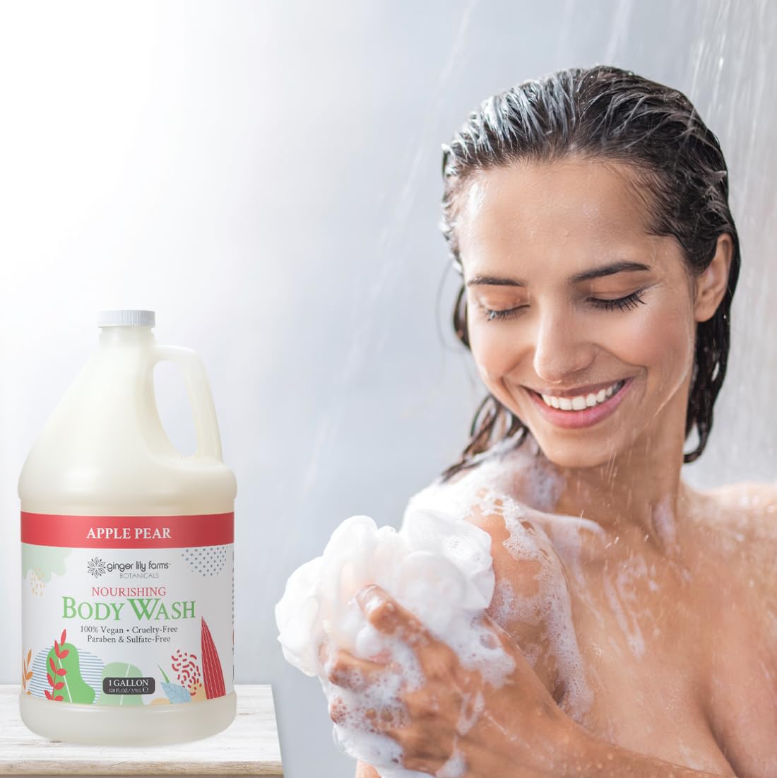 Ginger Lily Farms dispensed in shower setting showing gentle cleanse and spa feel