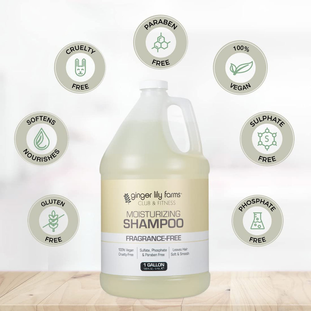 Ginger Lily Farms Club & Fitness fragrance-free shampoo bottle—unscented care suitable for fragrance sensitivities.