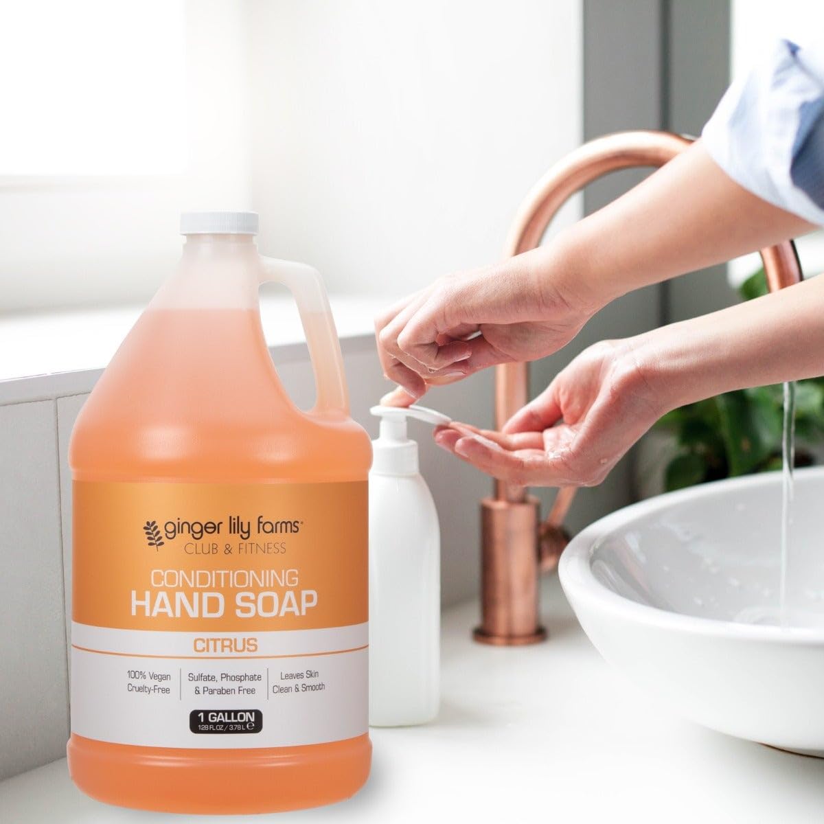 Ginger Lily Farms gallon packaging sustainability emphasizes plastic reduction.