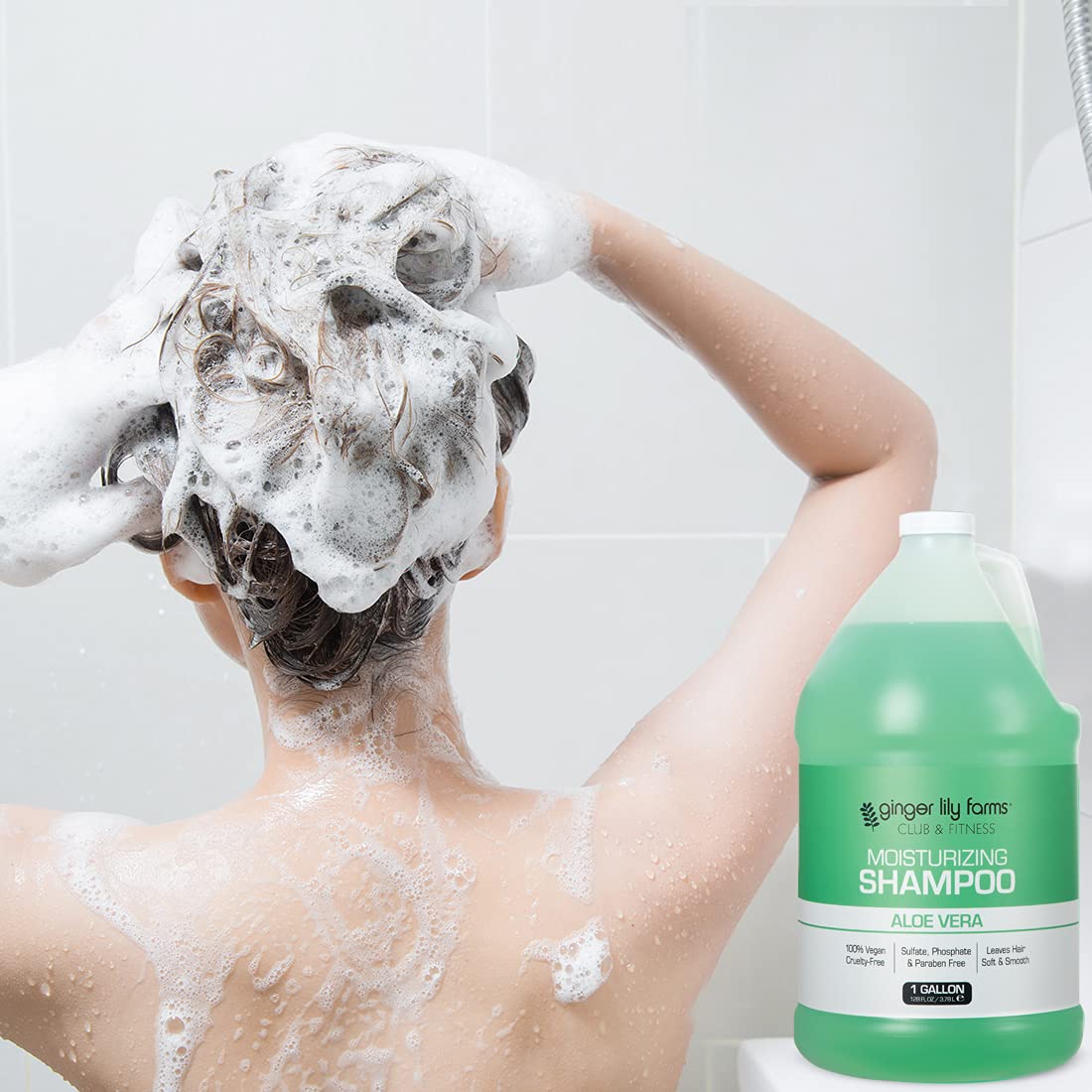 Ginger Lily Farms locker-room setup with bulk shampoo for easy refills.