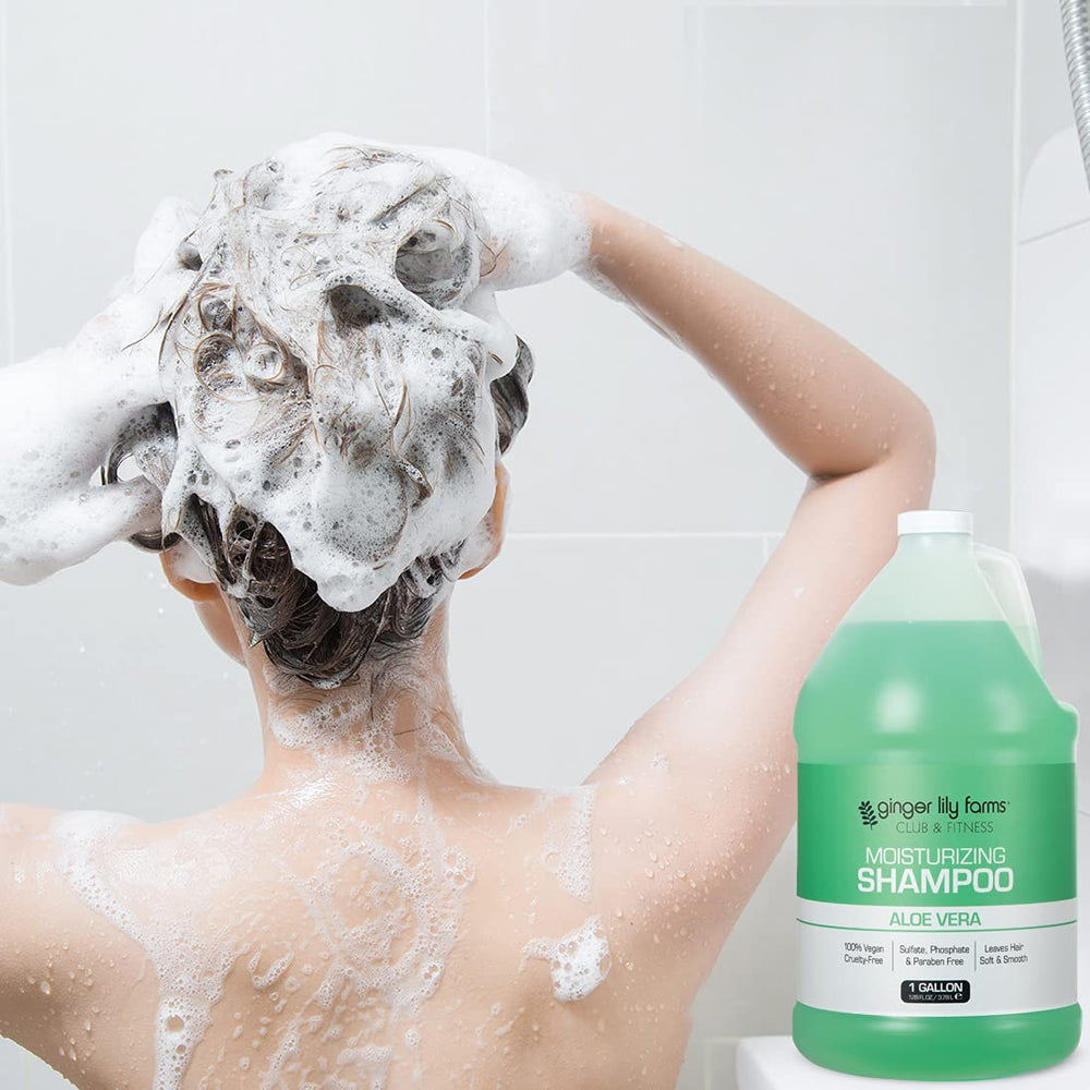Ginger Lily Farms locker-room setup with bulk shampoo for easy refills.