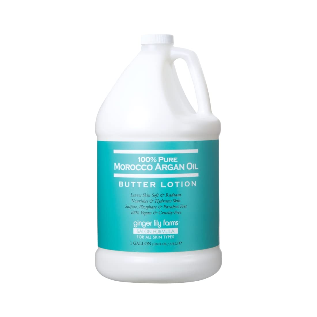 Ginger Lily Farms Salon Formula argan oil butter lotion 1gallon bottle provides deep hydration for all skin types.