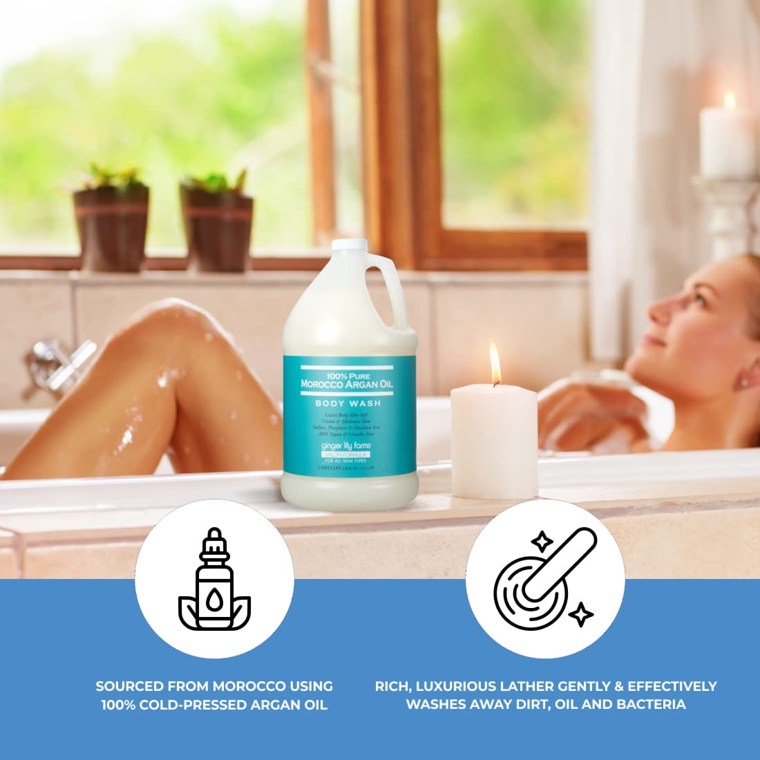 Ginger Lily Farms Eco-friendly gallon refill demonstrates plastic-waste reduction advantage.