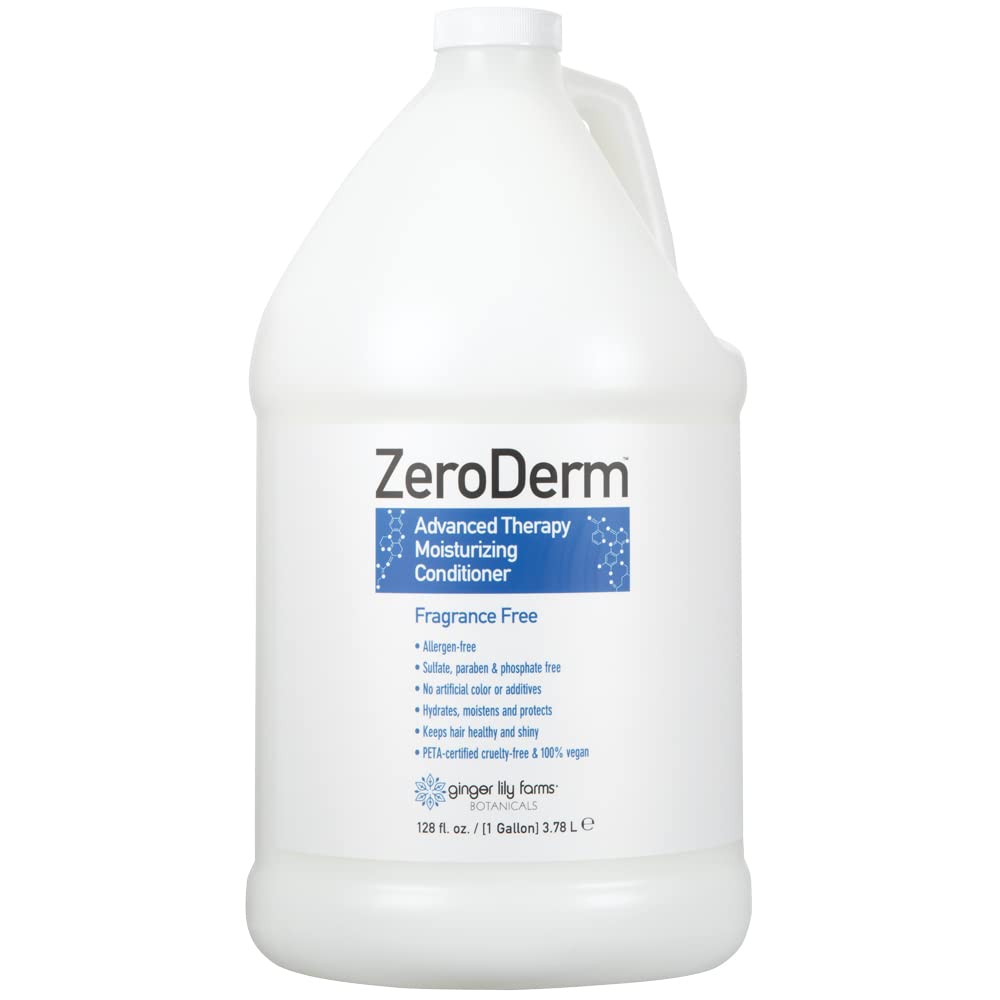 Ginger Lily Farms ZeroDerm Advanced Therapy Conditioner pour bottle showing fragrance-free hydration for all hair types.