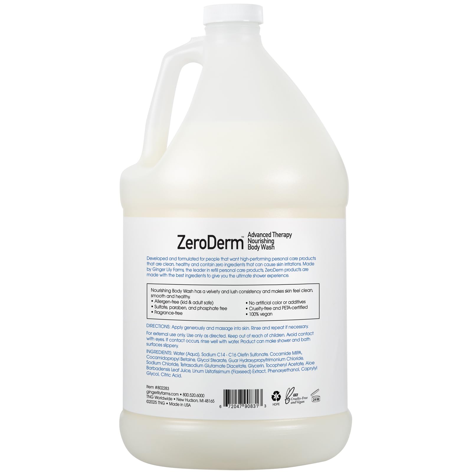 Ginger Lily Farms ZeroDerm bottle closeup highlighting velvety lather and moisturizing formula.