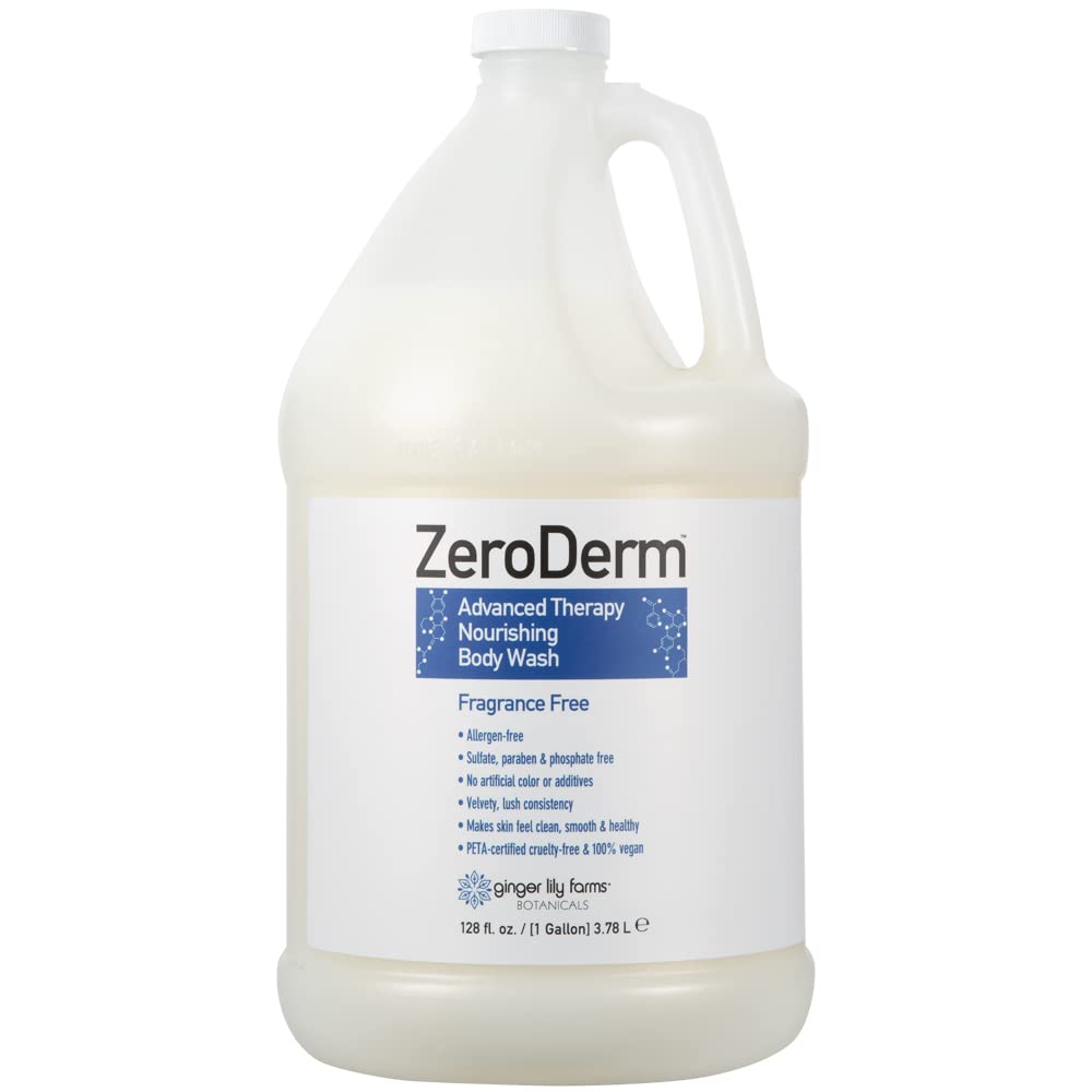 Ginger Lily Farms ZeroDerm bottle pour showing fragrance-free cleansing for sensitive skin.