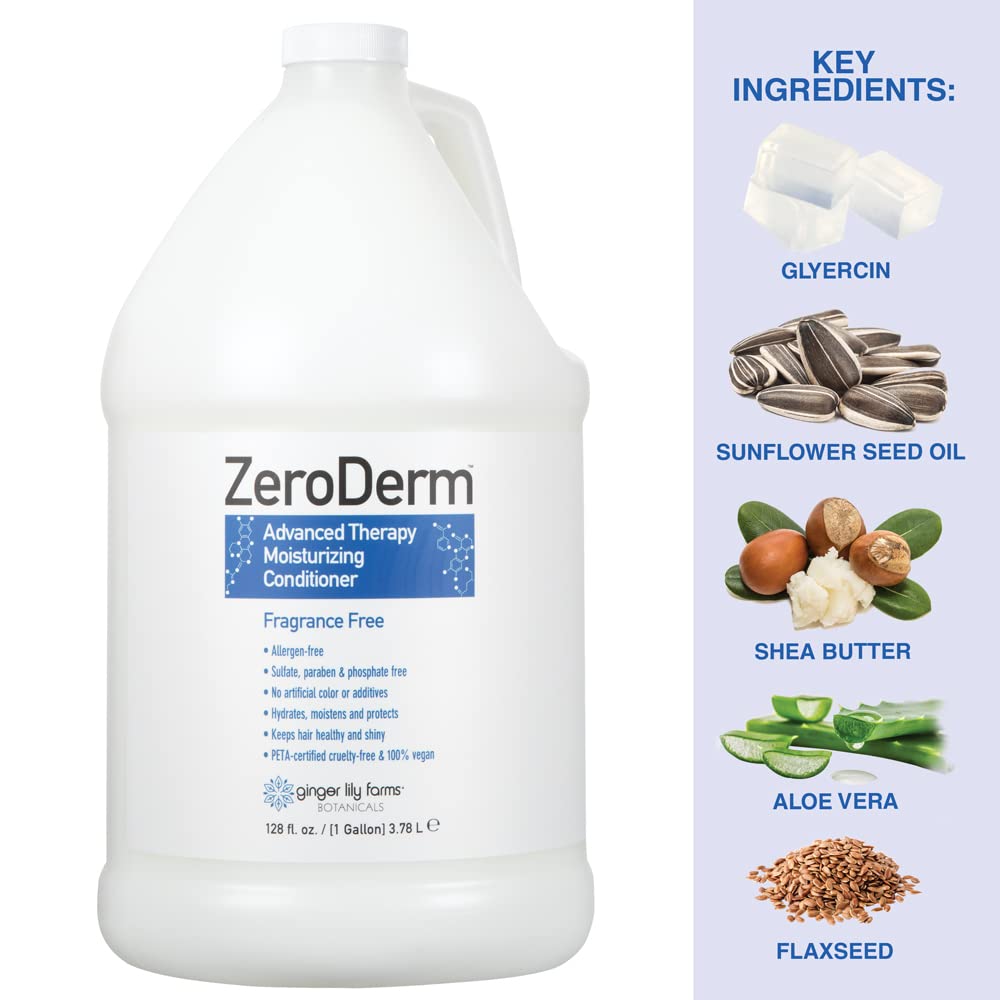 Ginger Lily Farms ZeroDerm conditioner bottle with splash of water emphasizing weightless moisture.