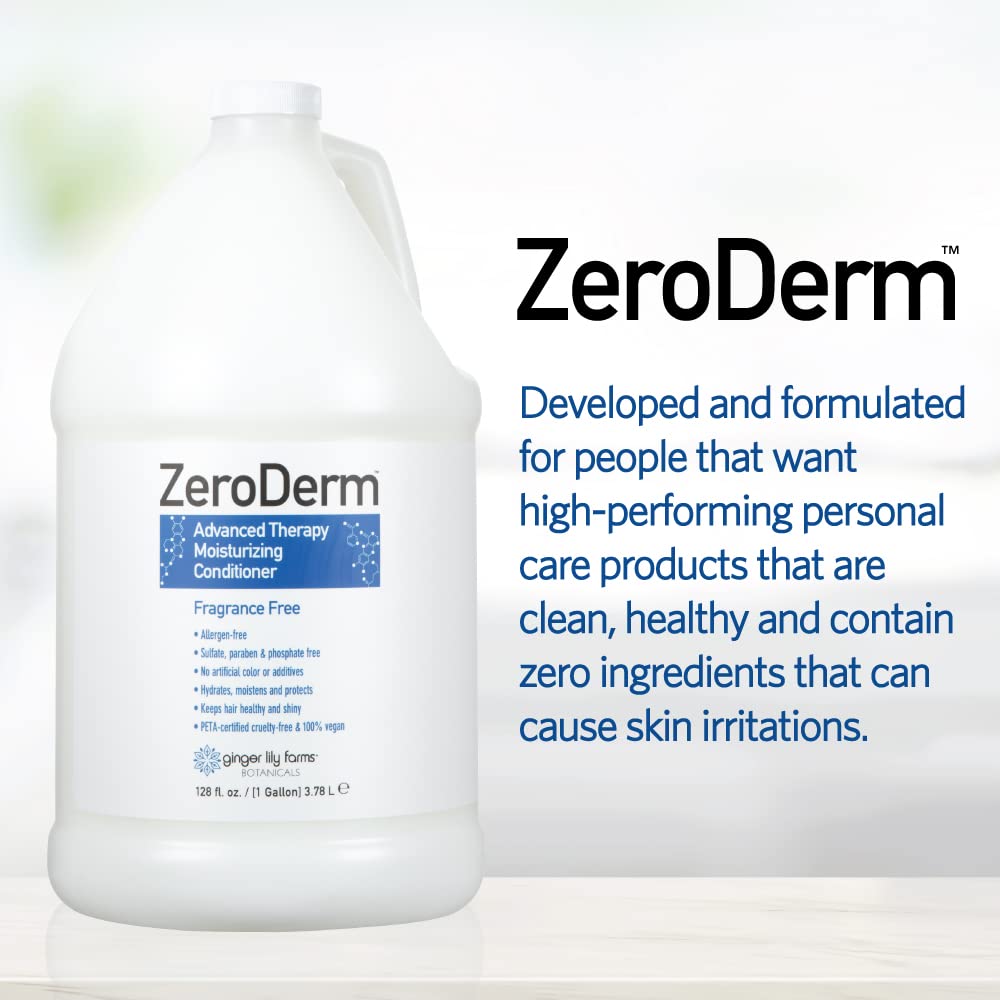 Gallon refill packaging for Ginger Lily Farms ZeroDerm conditioner in salon or spa setting.