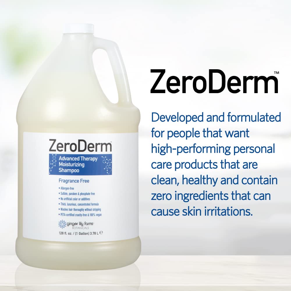 Ginger Lily Farms ZeroDerm gallon refill packaging emphasizing eco-friendly bulk use.