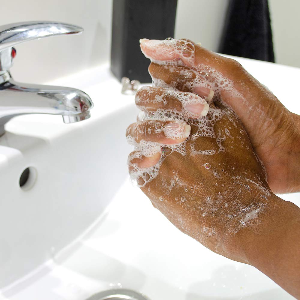 Ginger Lily Farms ZeroDerm allergen-free hand wash shown in kitchen or locker room.
