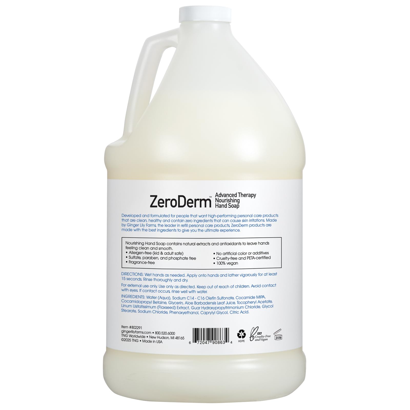 Ginger Lily Farms ZeroDerm hand soap refill label close-up shows fragrance-free formula.
