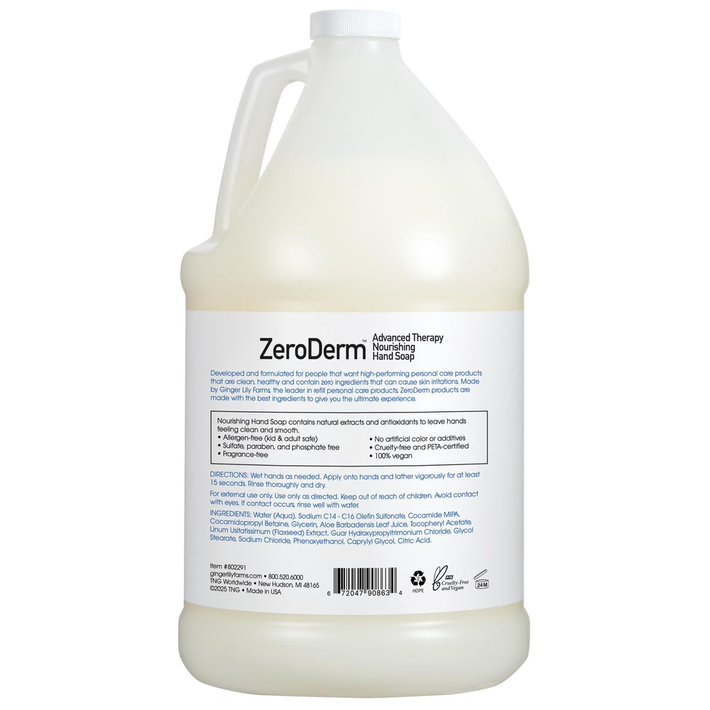 Ginger Lily Farms ZeroDerm hand soap refill label close-up shows fragrance-free formula.