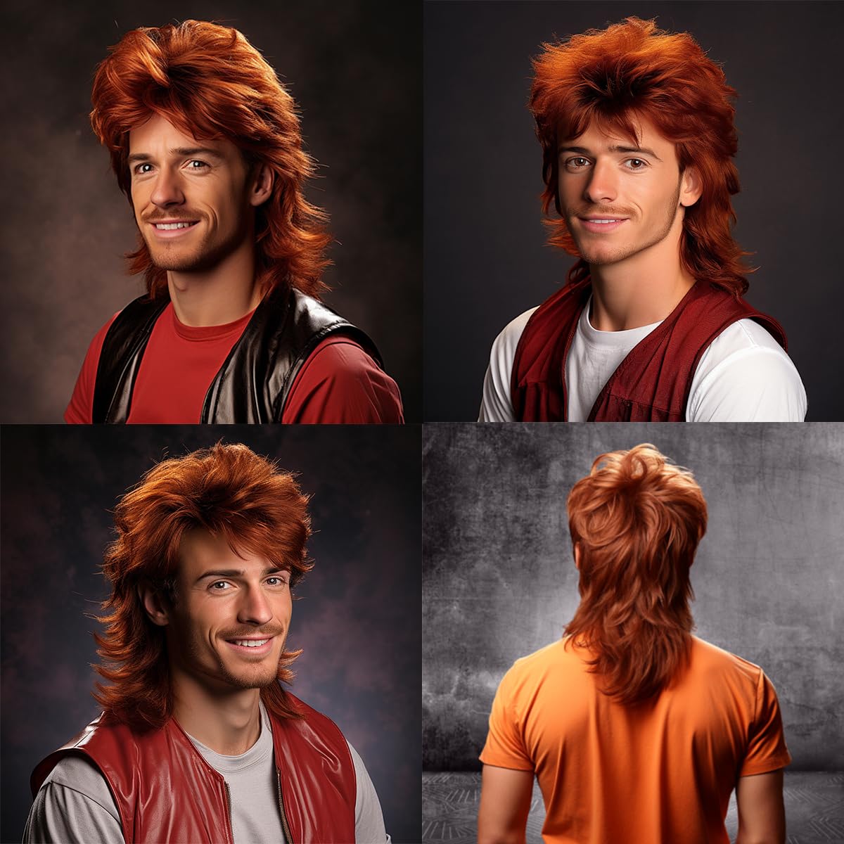 Ginger mullet wig front view showcases voluminous silhouette and 70s charm.