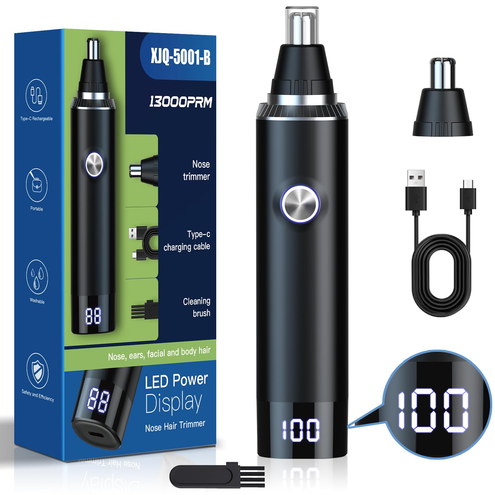 Ginity nose hair trimmer with LED display shows battery level for easy grooming sessions.
