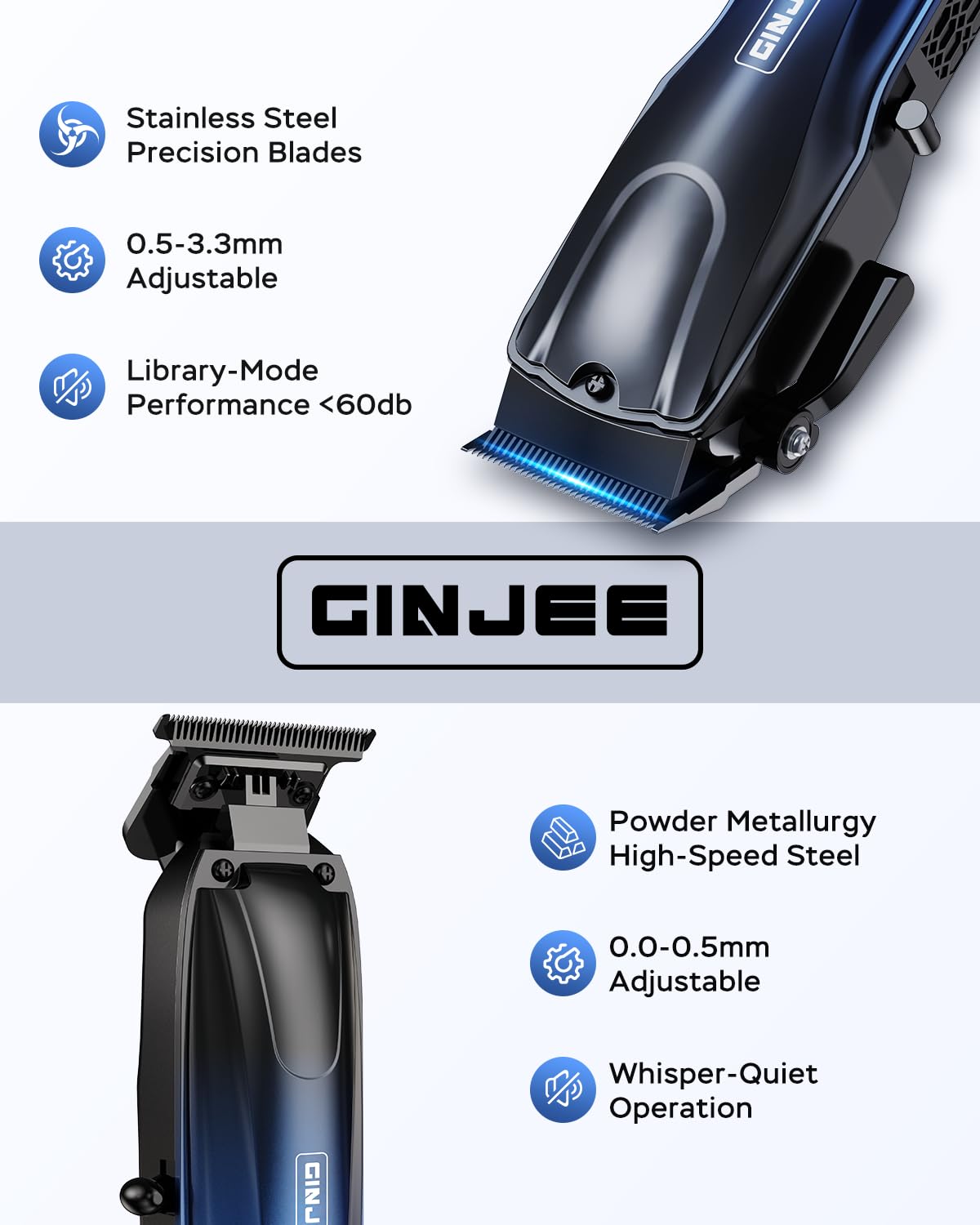 GinJee professional hair clipper fade-lever highlights easy fades and speed adjustments.