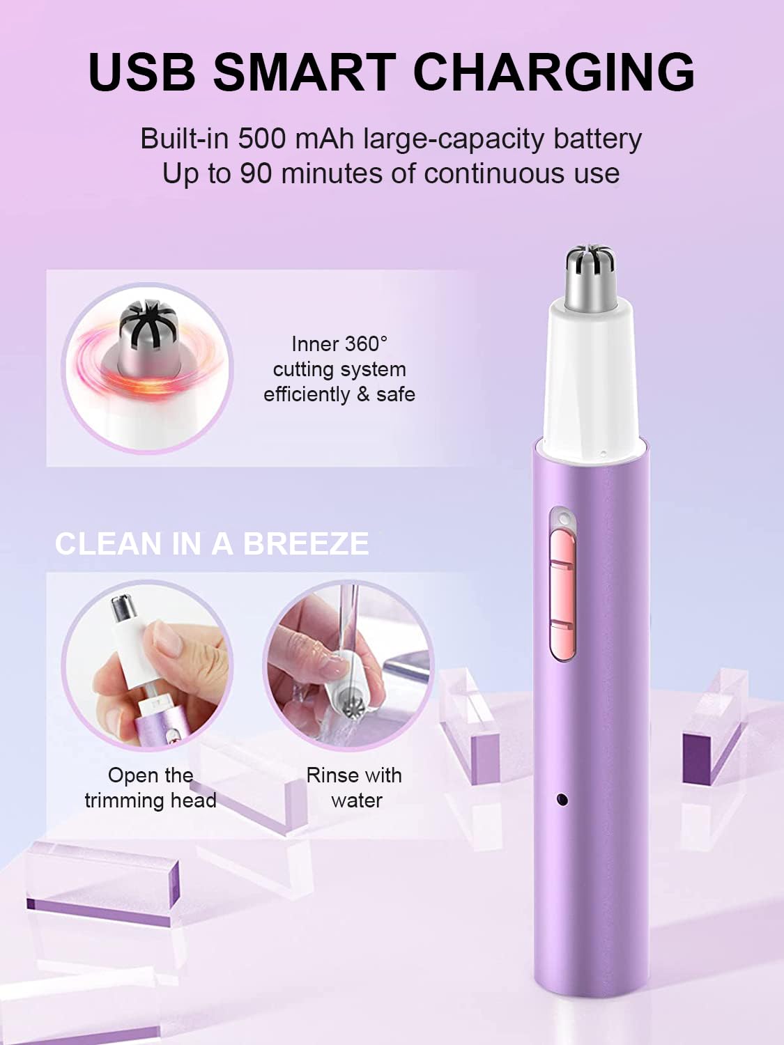 Ginity USB rechargeable nose trimmer pack image highlighting convenient charging with USB
