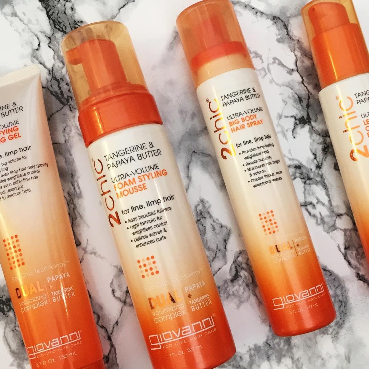 GIOVANNI 2chic dual volumizing complex with papaya and tangerine butter boosting body.
