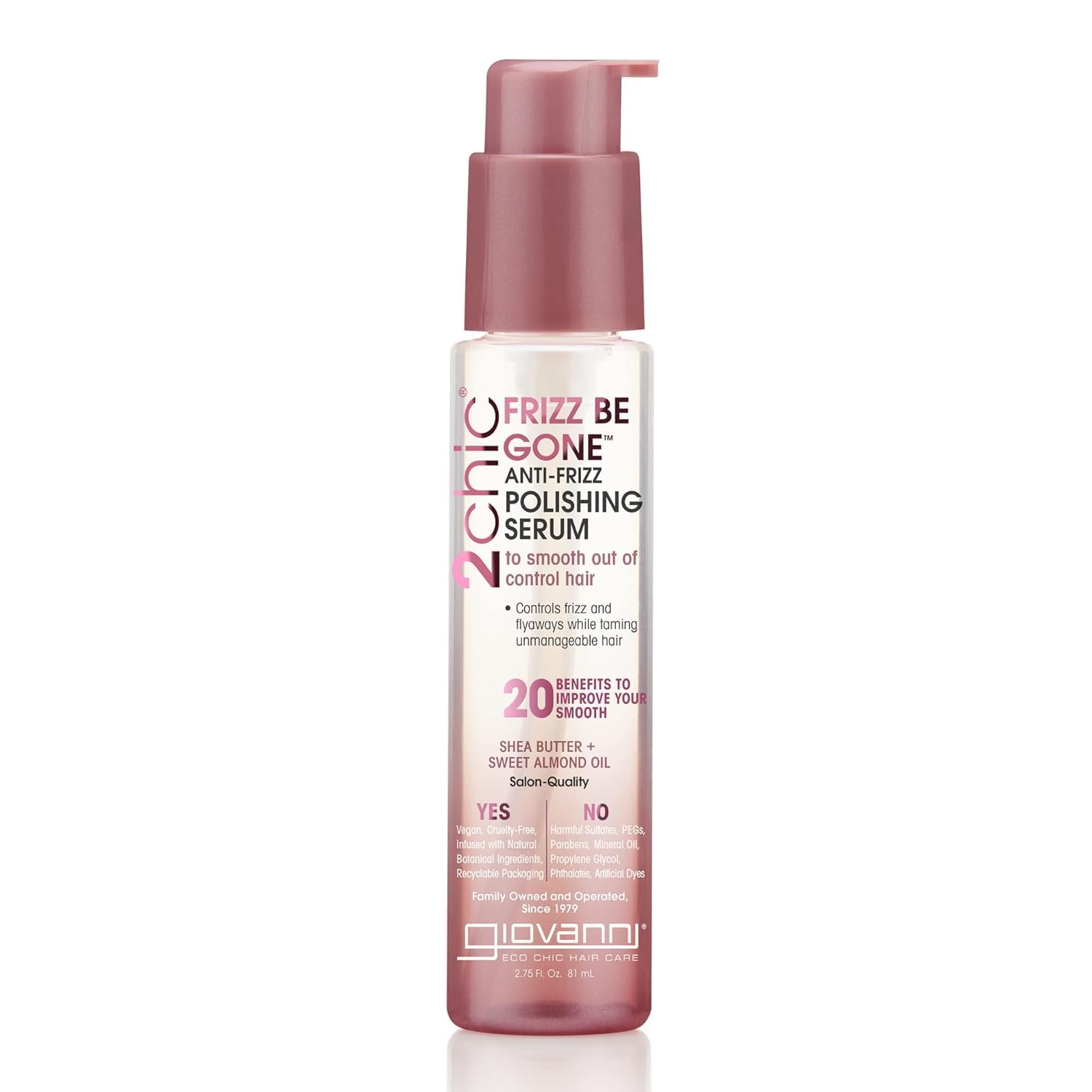 Giovanni 2chic Frizz Be Gone bottle closeup for smoothing and shine