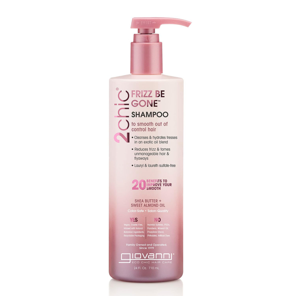 Giovanni 2chic Frizz Be Gone shampoo bottle for smooth frizz control.